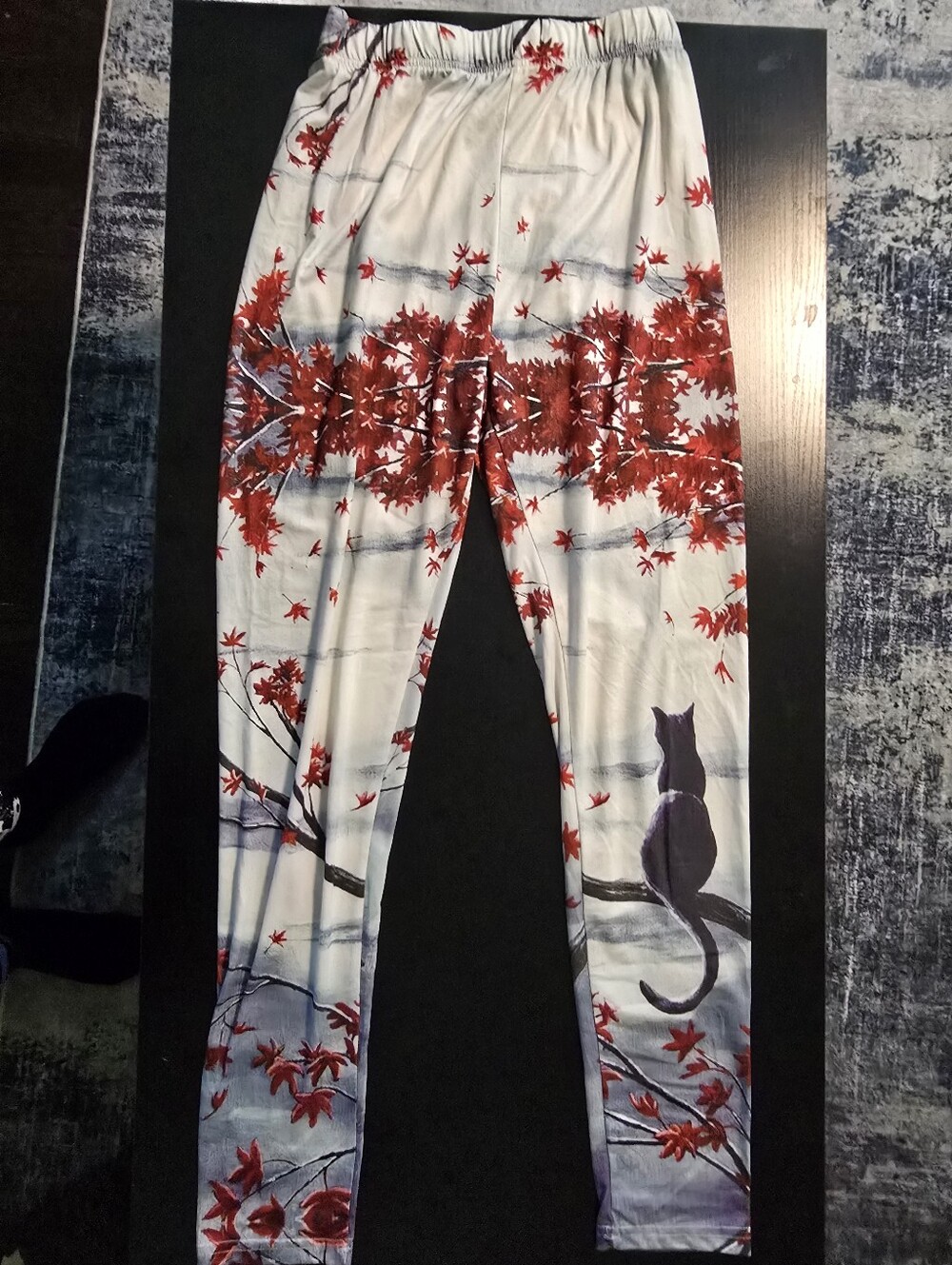 Light Blue Leggings with Red Maple & Black Cat Print
